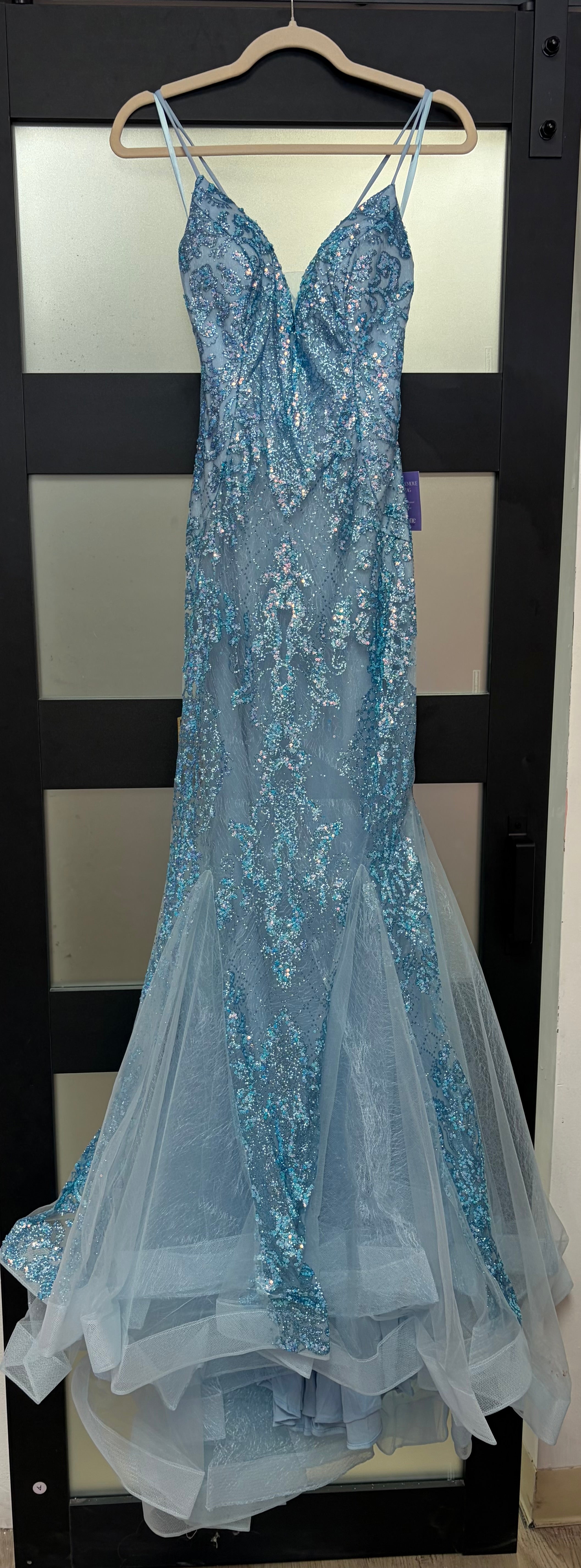 LaDivine CC2279 Dusty Blue Glitter Mermaid Gown with Lace-Up Back – Everlasting Grace Formalwear LLC