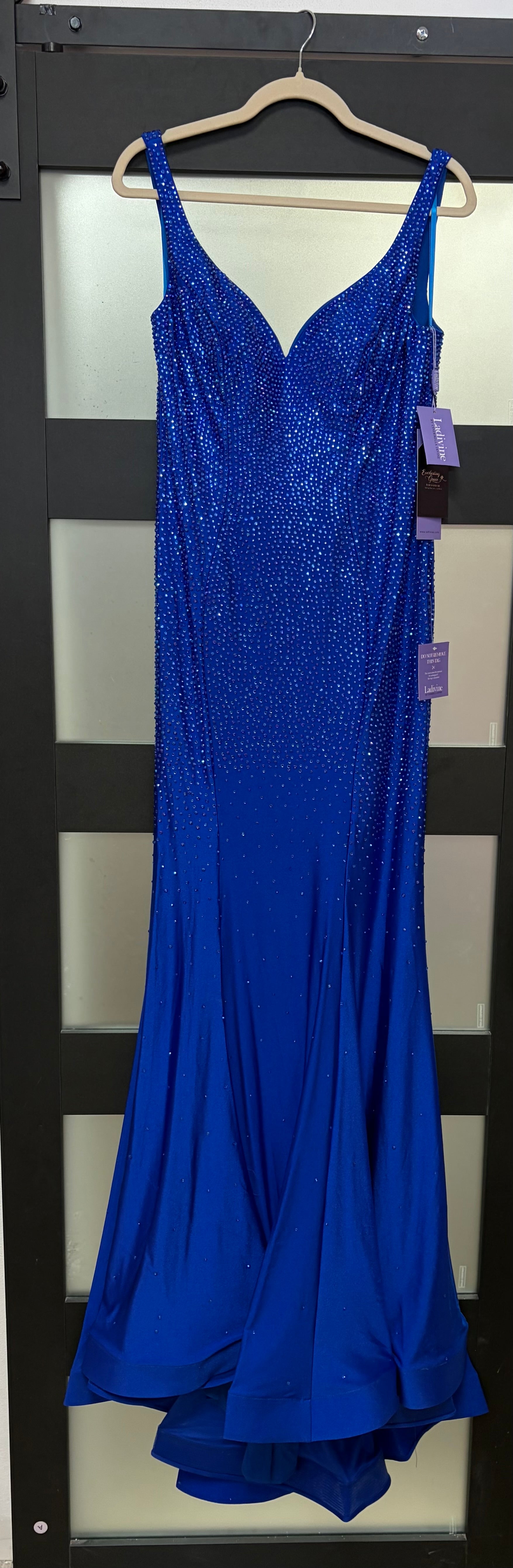 LaDivine CB119 Royal Blue Rhinestone Jersey Prom Dress with Open Back – Everlasting Grace Formalwear LLC
