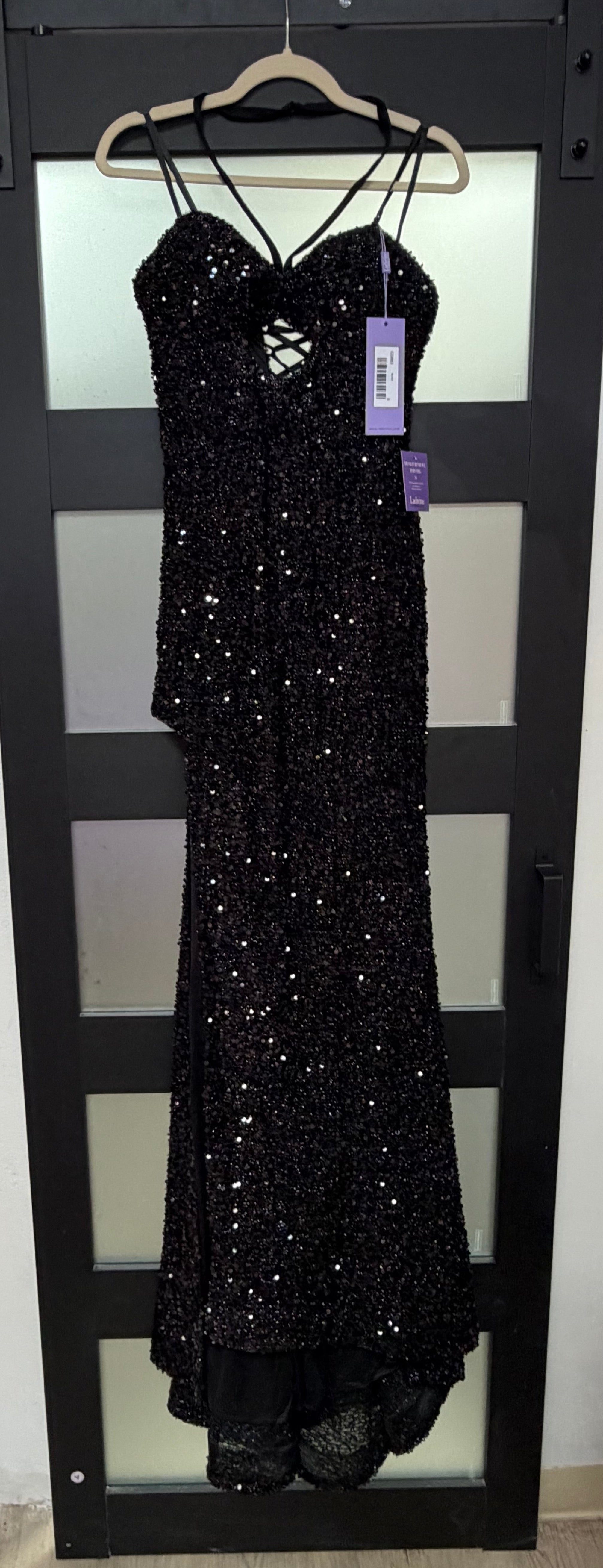 LaDivine CD883 Black Sequin Corset Evening Gown with Side Slit – Everlasting Grace Formalwear LLC