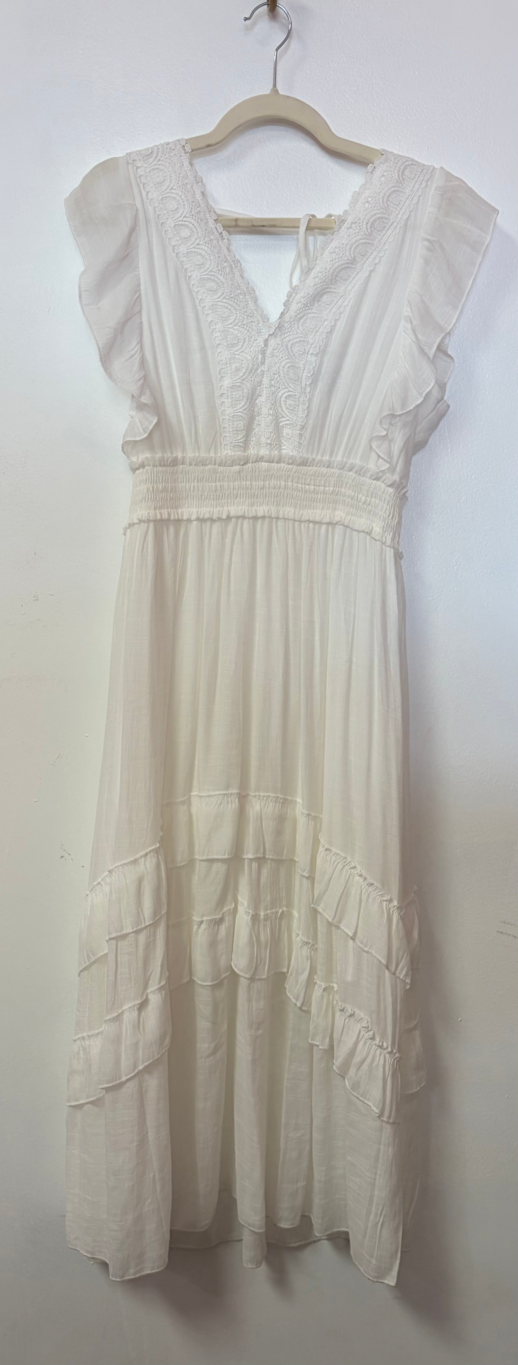 Ivory Boho Ruffle Sleeve Maxi Dress with Smocked Waist and Tiered Hem – Everlasting Grace Formalwear LLC