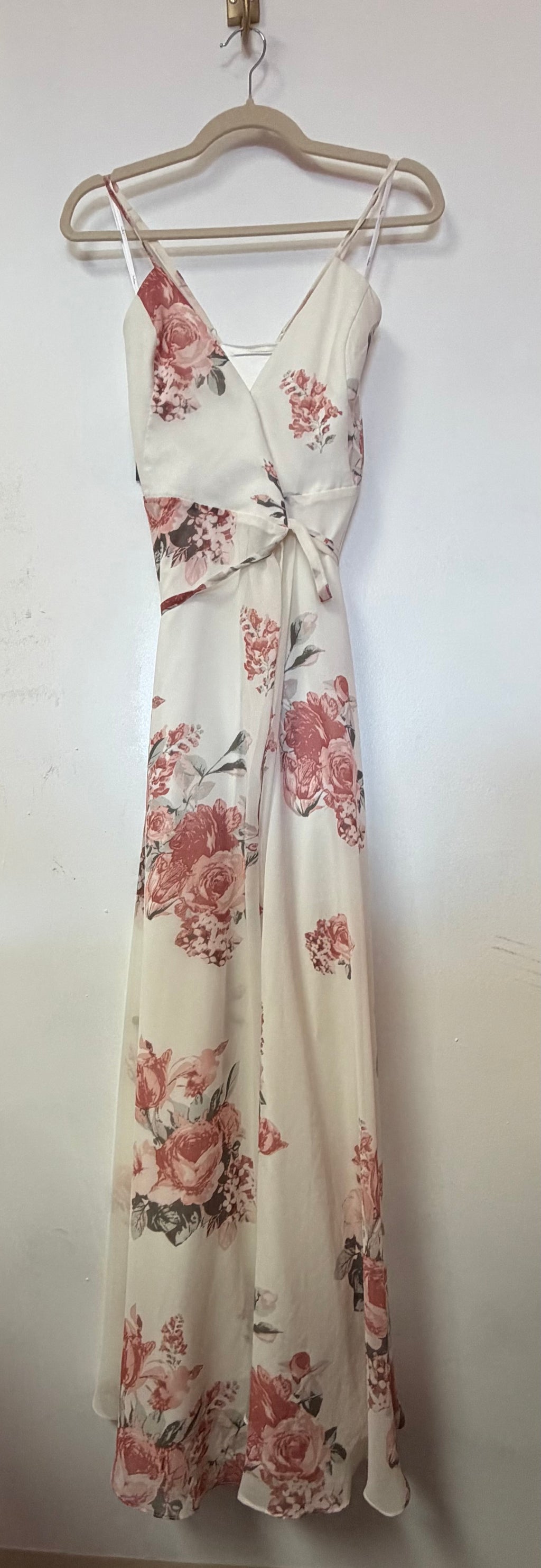 Lulus Ivory and Dusty Rose Floral Wrap Maxi Dress with Waist Tie Detail