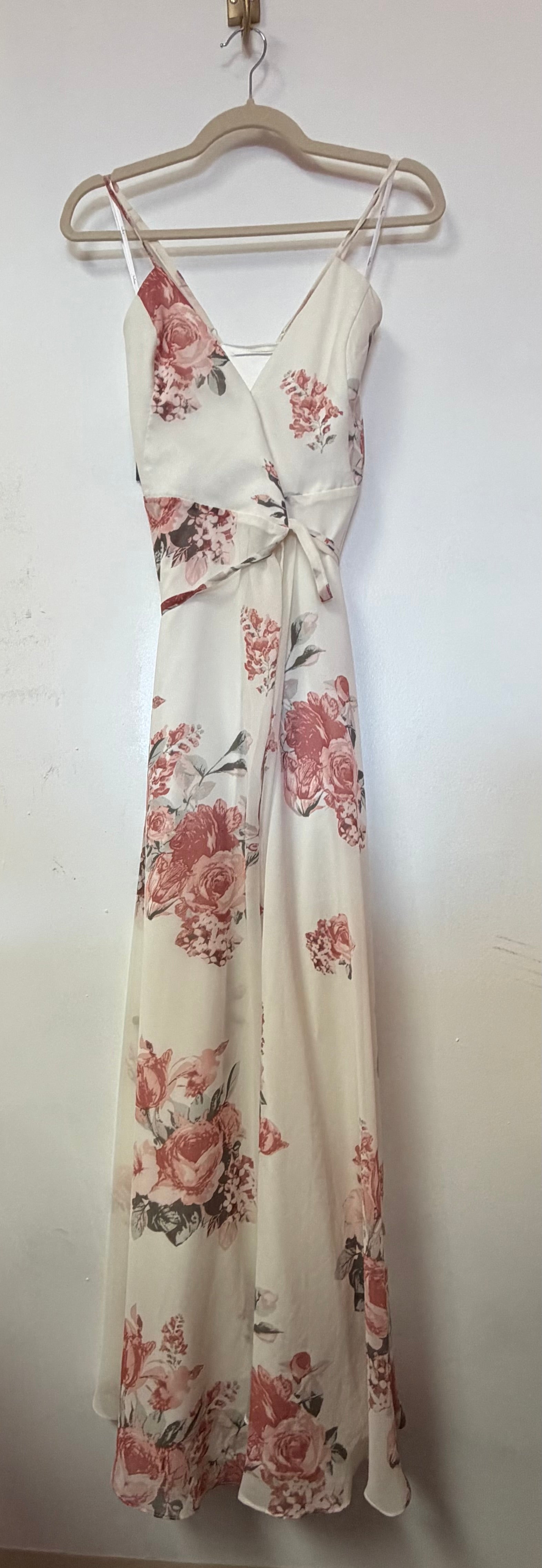 Lulus Ivory and Dusty Rose Floral Wrap Maxi Dress with Waist Tie Detail