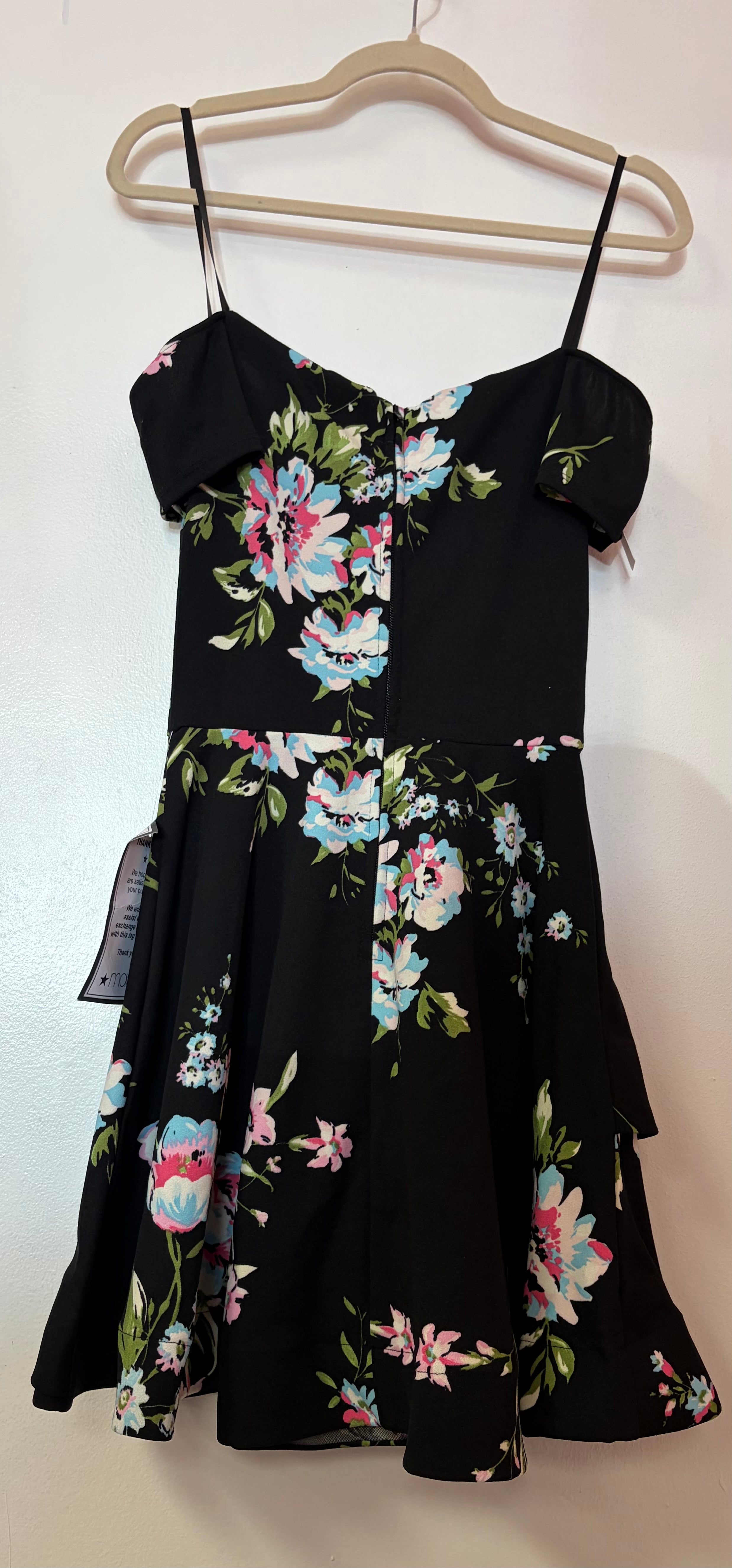 B. Darlin Black Floral Print Off-the-Shoulder Tiered Ruffle Mini Dress with Asymmetrical Flounce Skirt