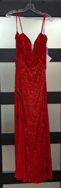 LaDivine CD290 Red Sequin Cowl Neck Formal Gown with Lace-Up Back