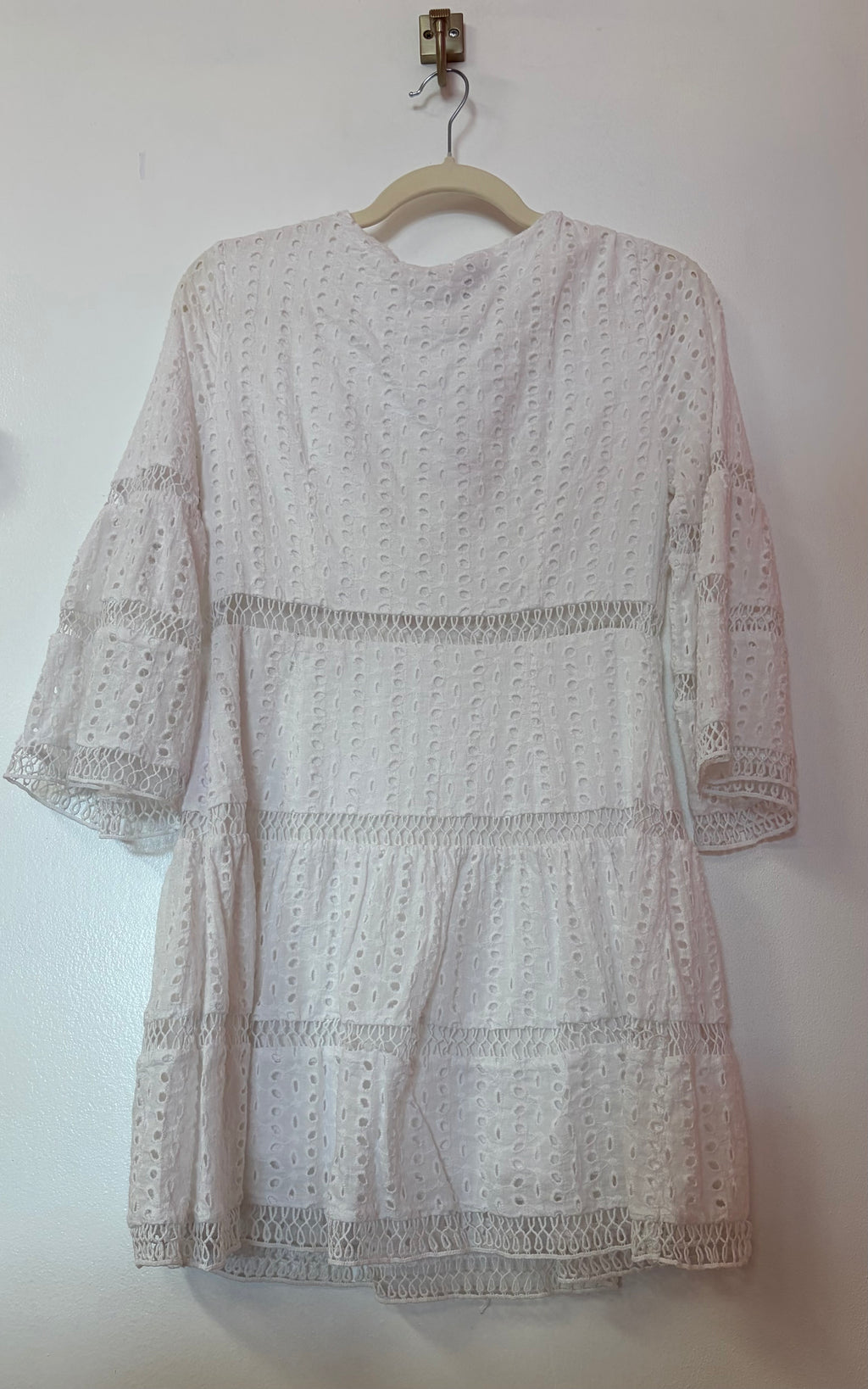 White Eyelet Lace Tiered Mini Dress with Surplice Neckline