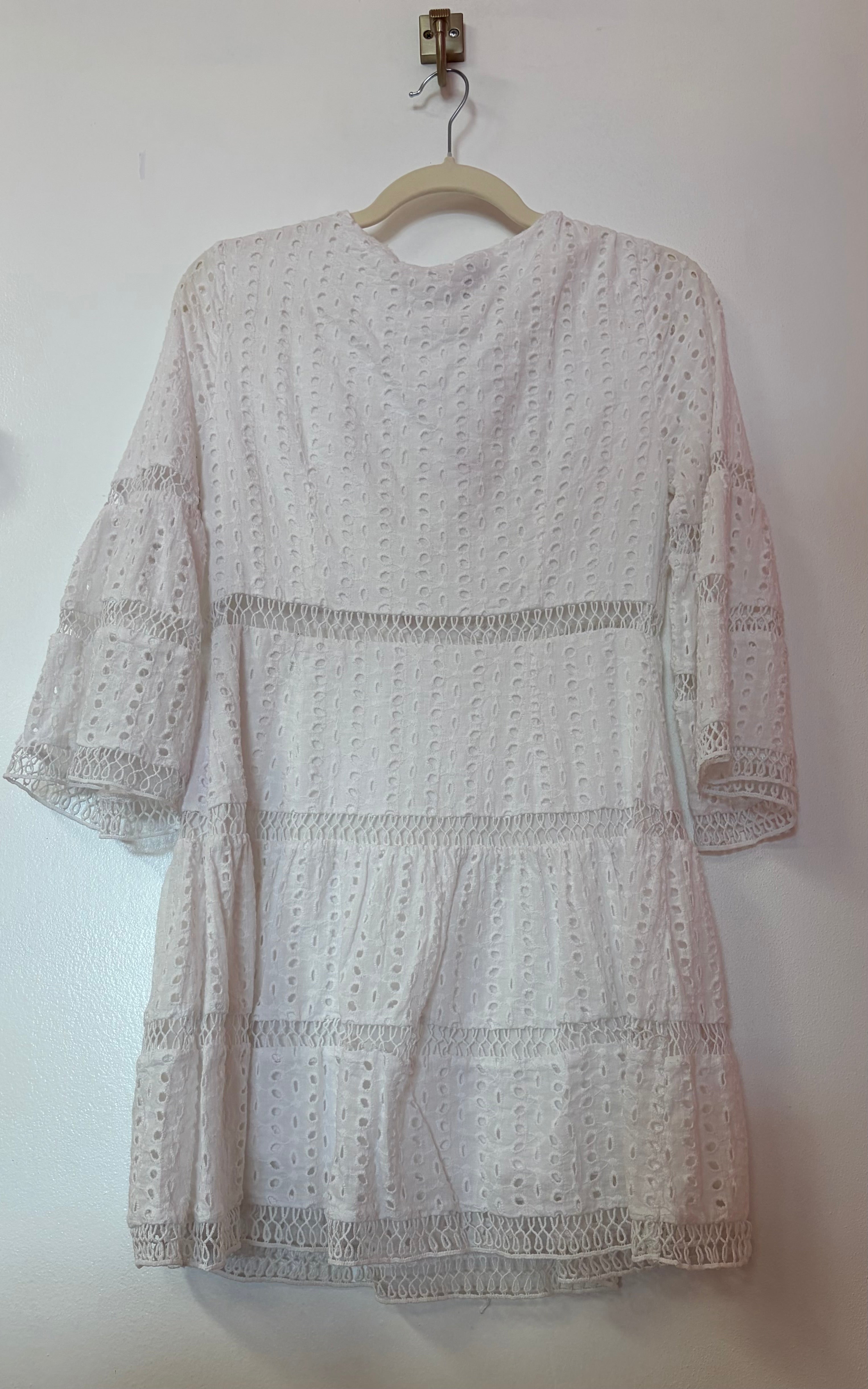 White Eyelet Lace Tiered Mini Dress with Surplice Neckline