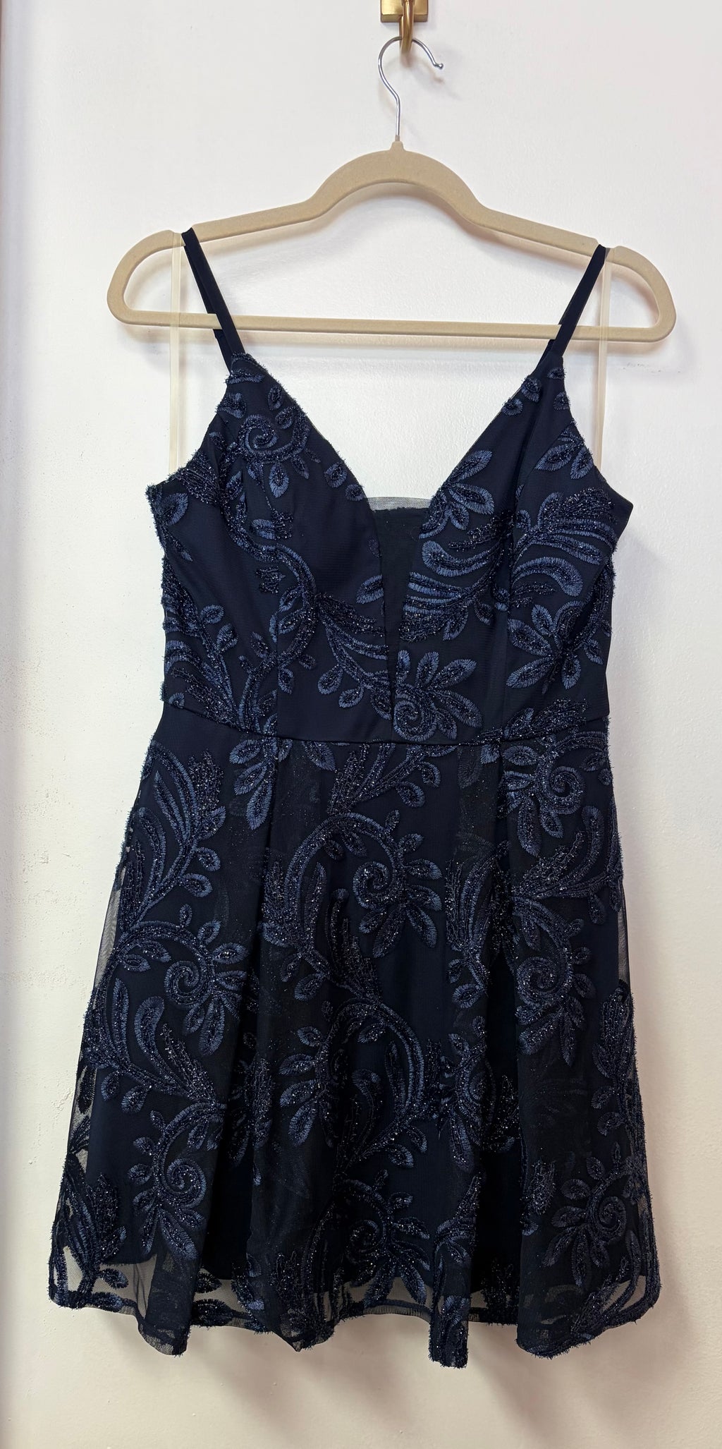 Speechless Navy Glitter Lace Fit and Flare Homecoming Dress with Sheer Bodice and Beaded Embroidery