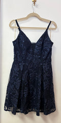 Speechless Navy Glitter Lace Fit and Flare Homecoming Dress with Sheer Bodice and Beaded Embroidery