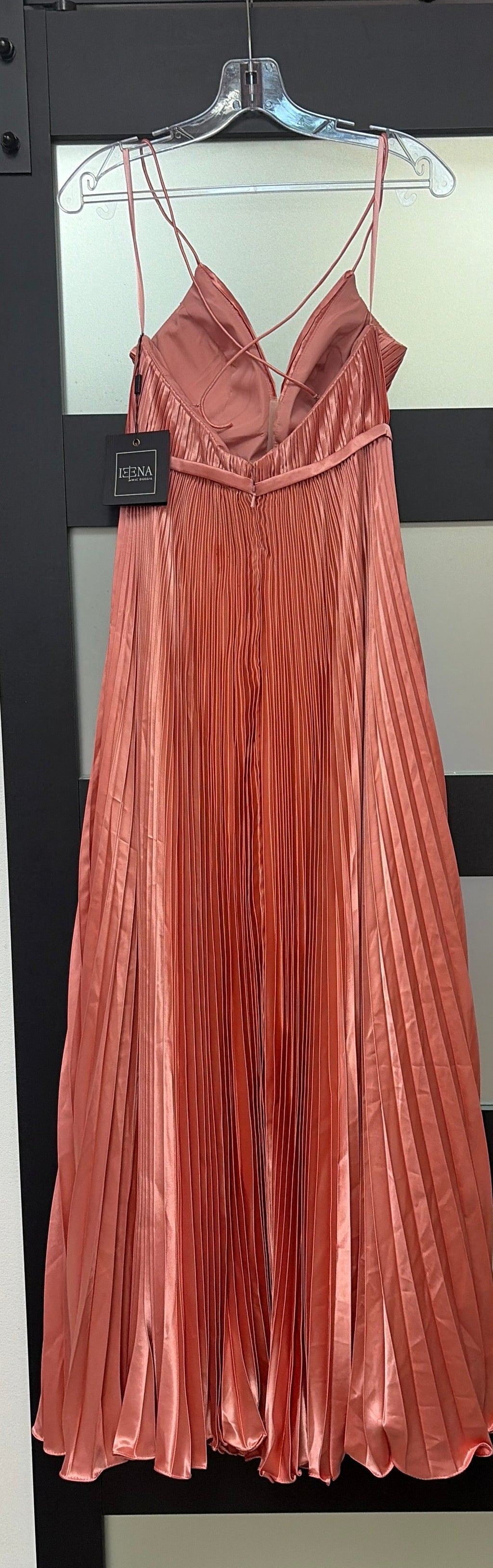 Ieena for Mac Duggal 49039 Rose Gold Metallic Pleated Gown with Open Crisscross Back
