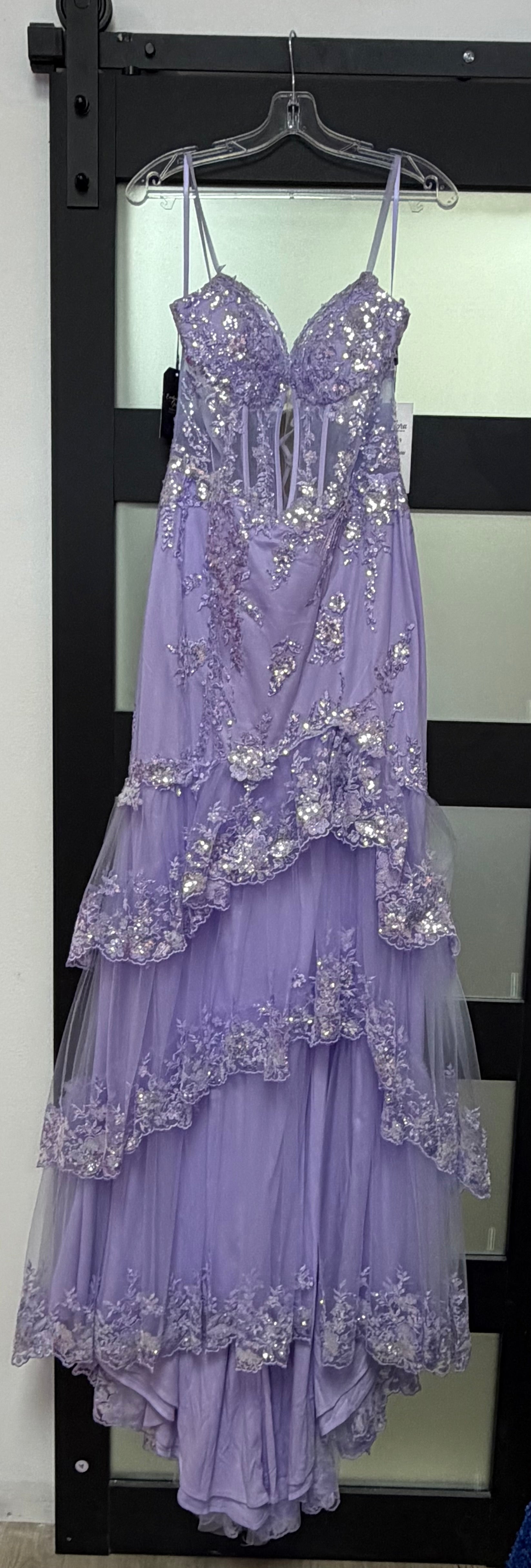 Adora 3219 Lavender Embellished Tiered Tulle Formal Gown with Corset Bodice and Lace Appliqué