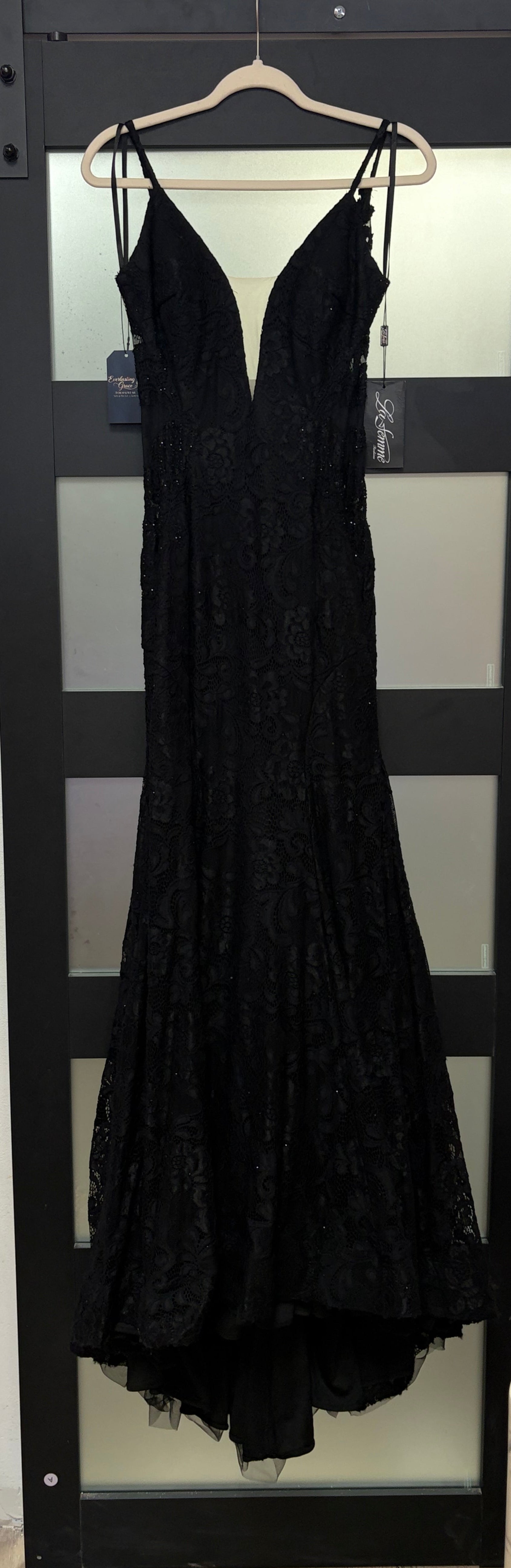La Femme 28355 Black Embroidered Mermaid Gown with Deep V Neckline