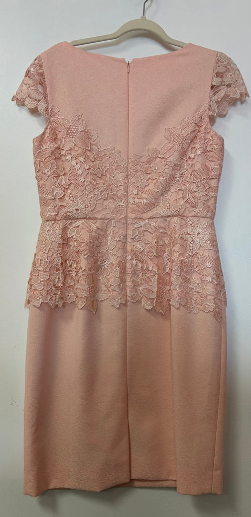 Antonio Melani Blush Floral Lace Sheath Dress with Cap Sleeves and Scalloped Neckline