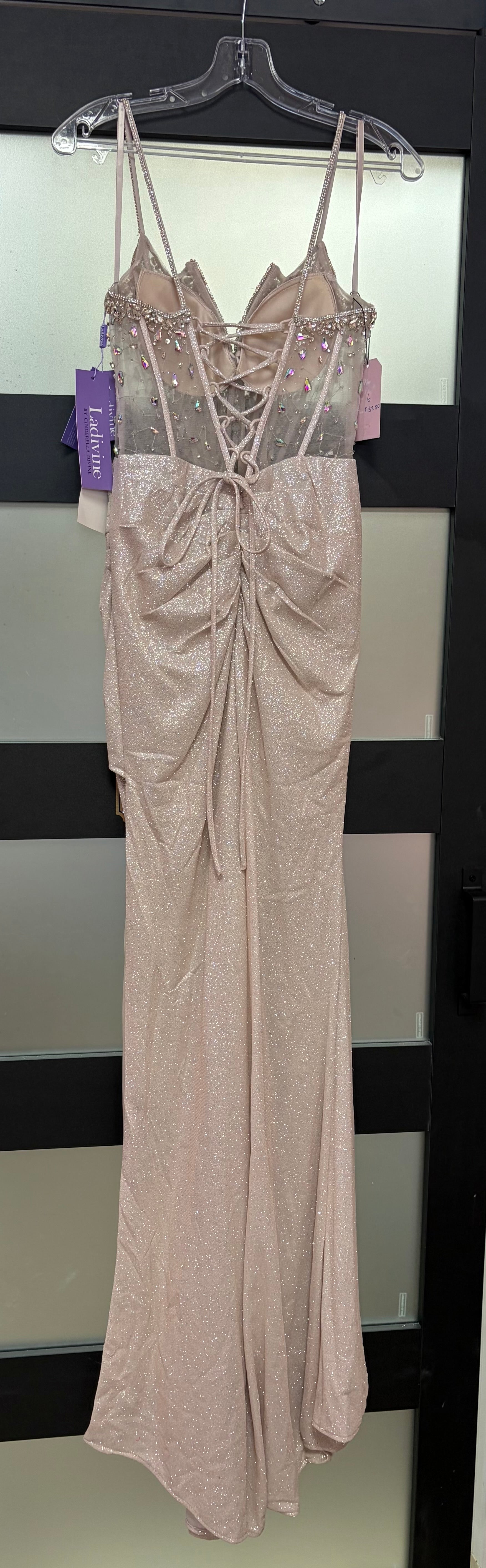 LaDivine J4305 Glitter Fitted Prom Gown with Beaded Corset Bodice