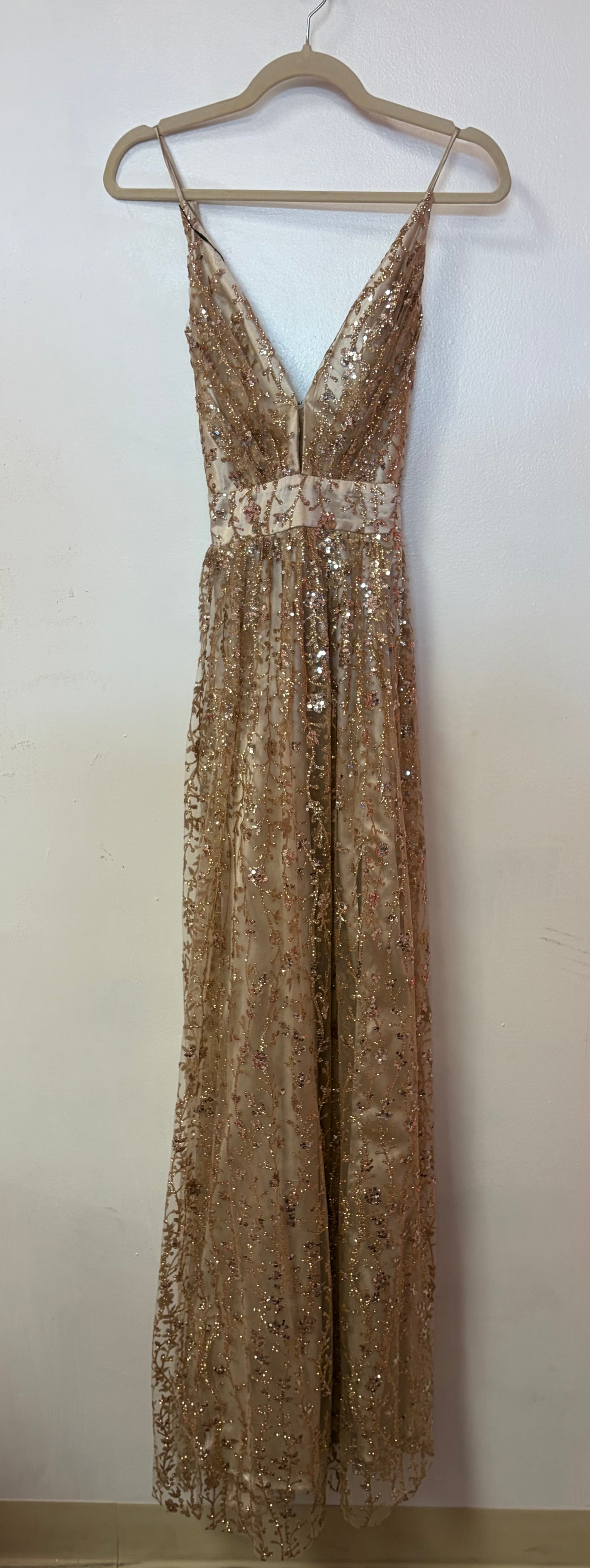 Windsor Champagne Gold Glitter Mesh Gown with Plunging Neckline and Sequin Embroidered Overlay