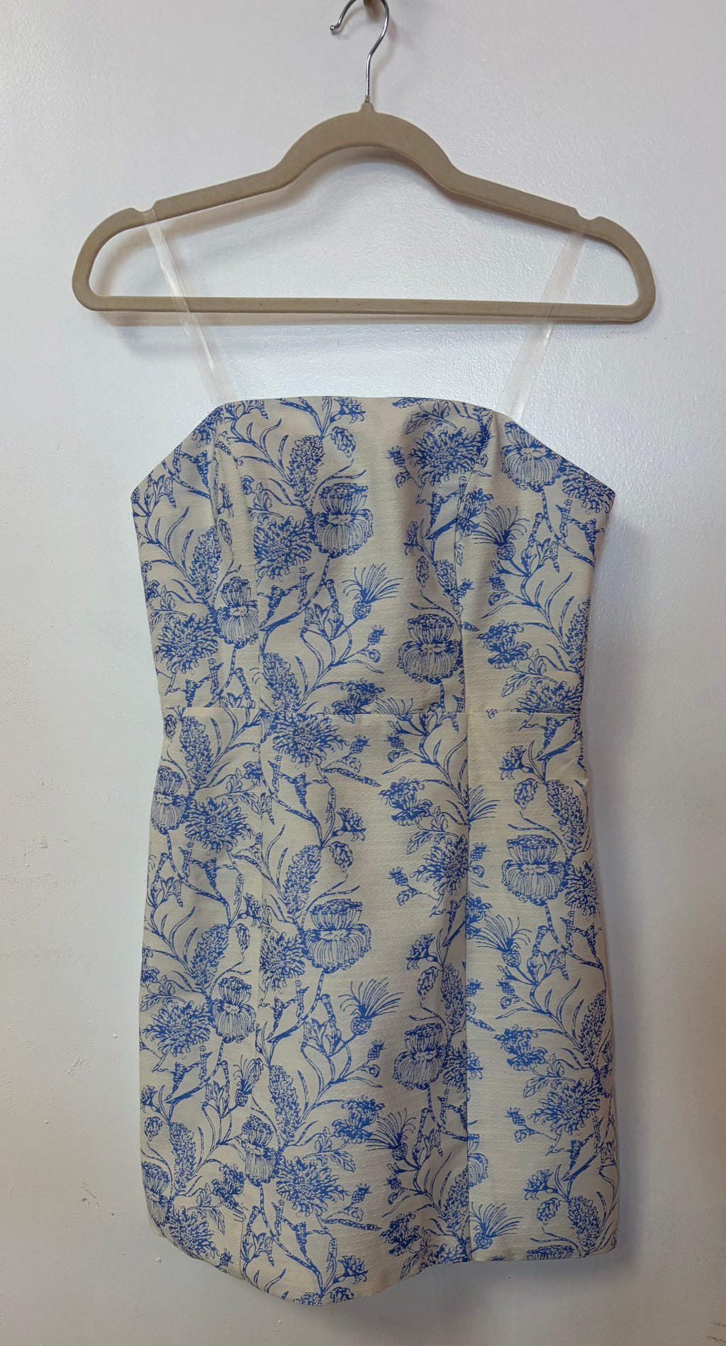 Blue and White Toile Print Strapless Mini Dress with Corset-Inspired Bodice