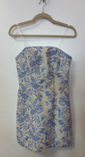 Blue and White Toile Print Strapless Mini Dress with Corset-Inspired Bodice