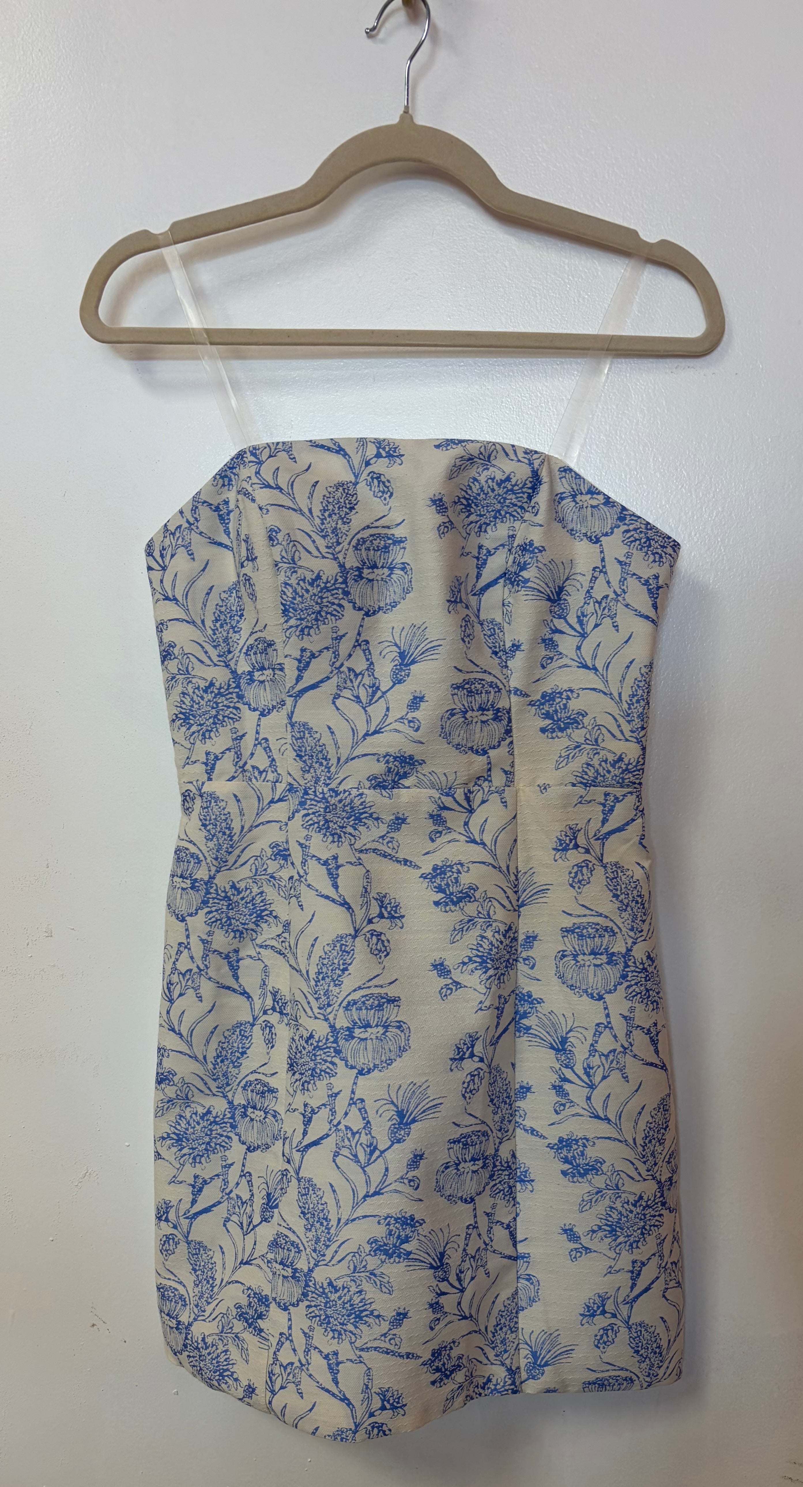 Blue and White Toile Print Strapless Mini Dress with Corset-Inspired Bodice