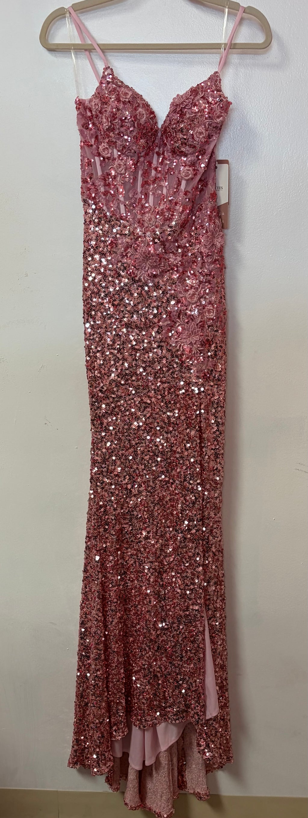 Stacees Rose Pink Sequin Mermaid Prom Dress with Floral Appliqué Corset Bodice and Slit