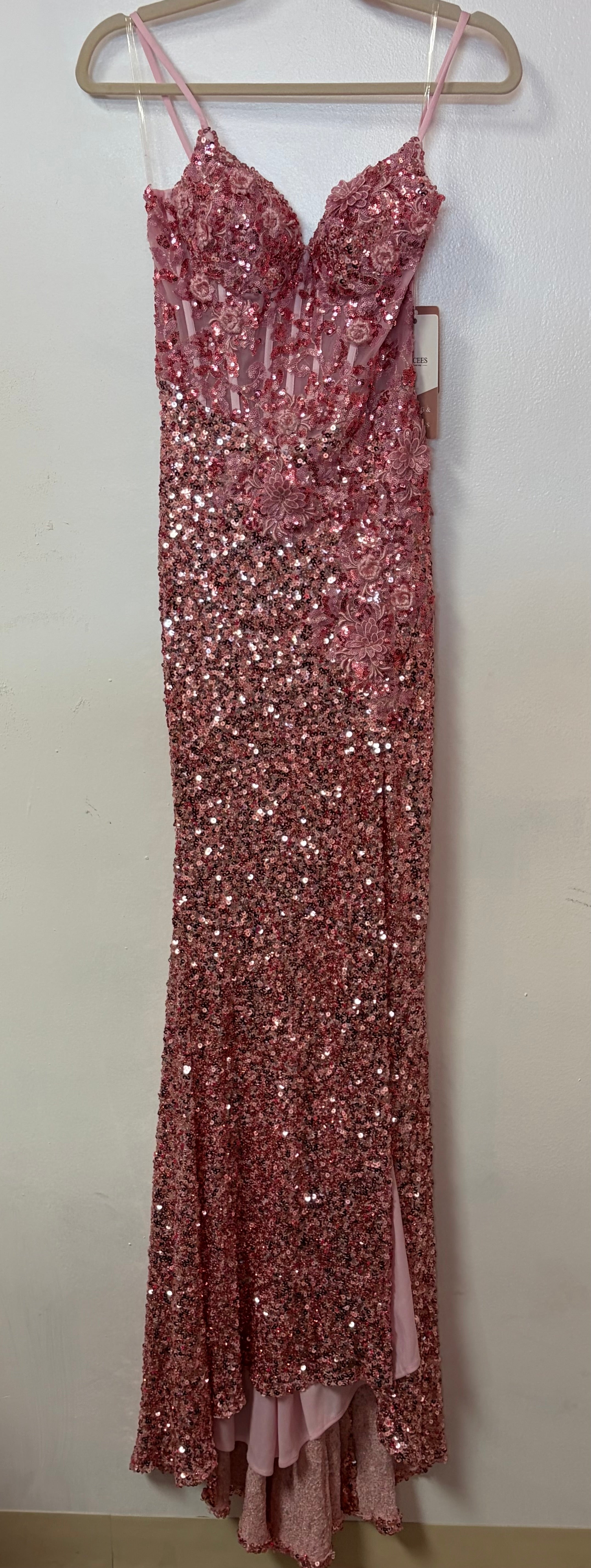 Stacees Rose Pink Sequin Mermaid Prom Dress with Floral Appliqué Corset Bodice and Slit
