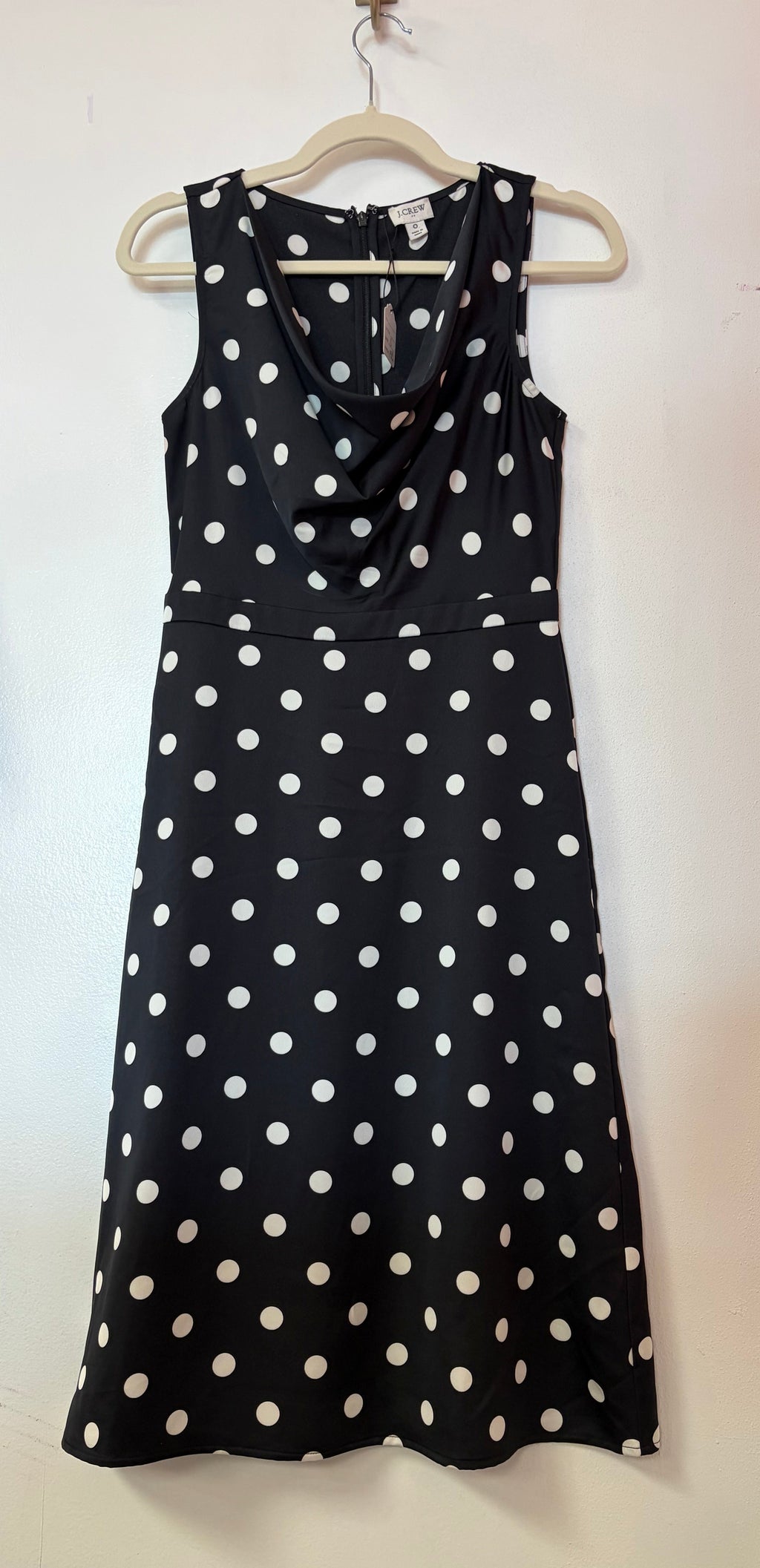 J.Crew Black and White Polka Dot Sleeveless Midi Dress with Draped Cowl Neckline
