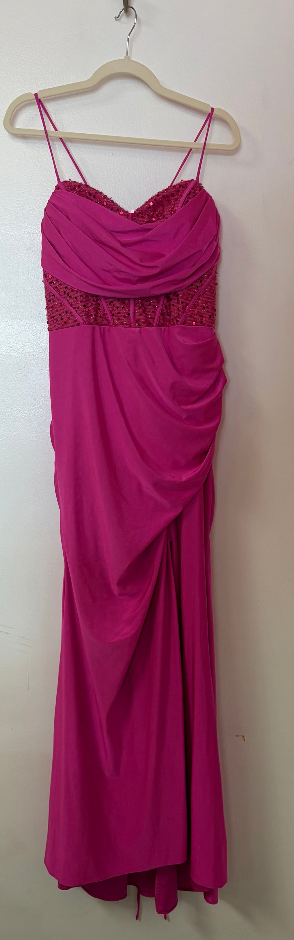 Stacees Hot Pink Beaded Corset Prom Dress with Draped Satin Skirt
