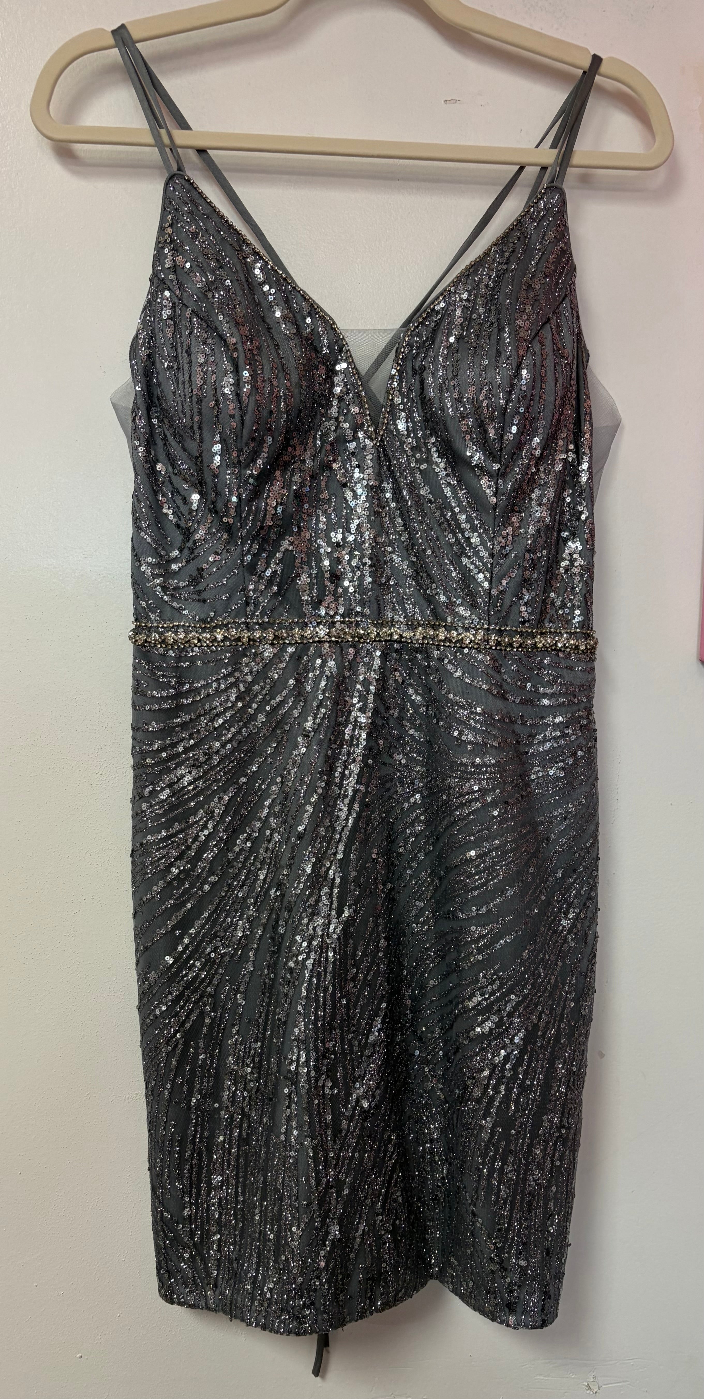 Dancing Queen 3225 Gunmetal Sequin Lace-Up Cocktail Dress