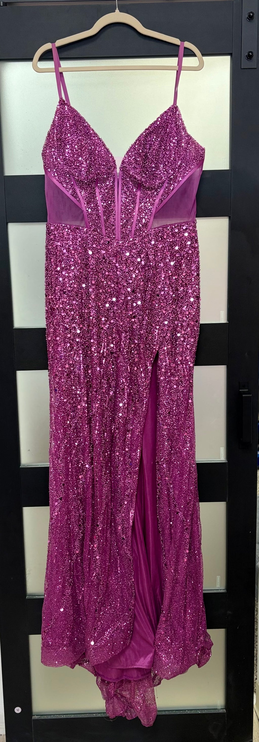 LaDivine CD0227 Magenta Sequin Corset Gown with Leg Slit