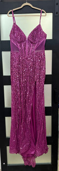 LaDivine CD0227 Magenta Sequin Corset Gown with Leg Slit
