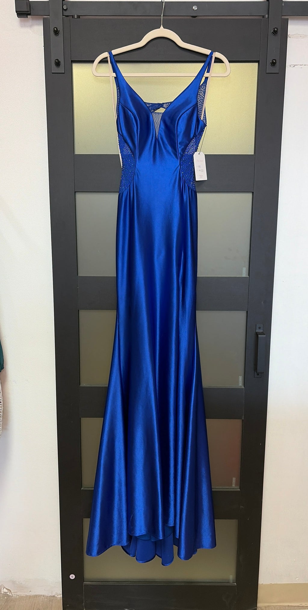 Faviana royal blue gown with sequins on sides, open back