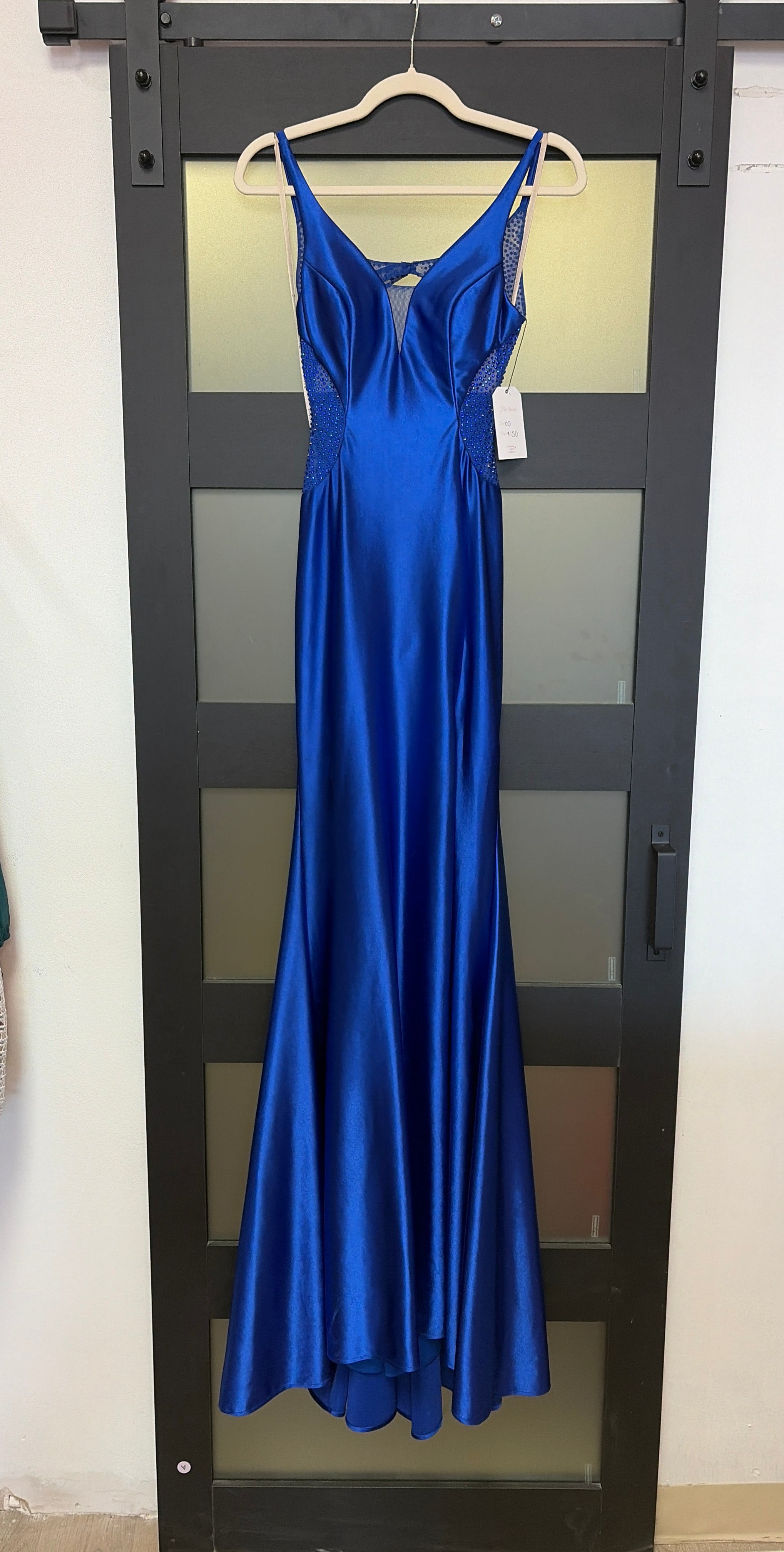 Faviana royal blue gown with sequins on sides, open back