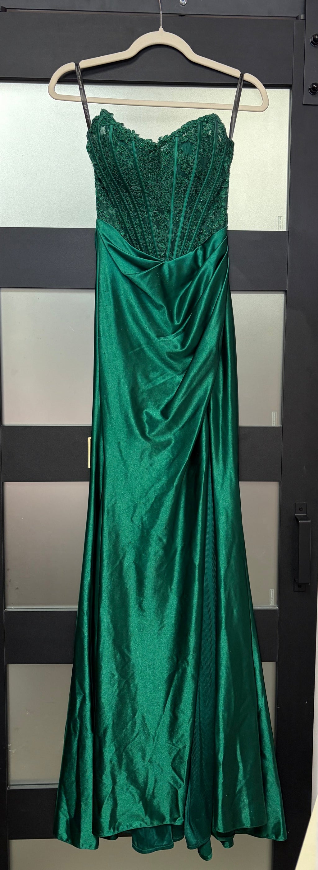 Sherri Hill 55419 Dark Emerald Lace Corset Satin Prom Gown with High Slit