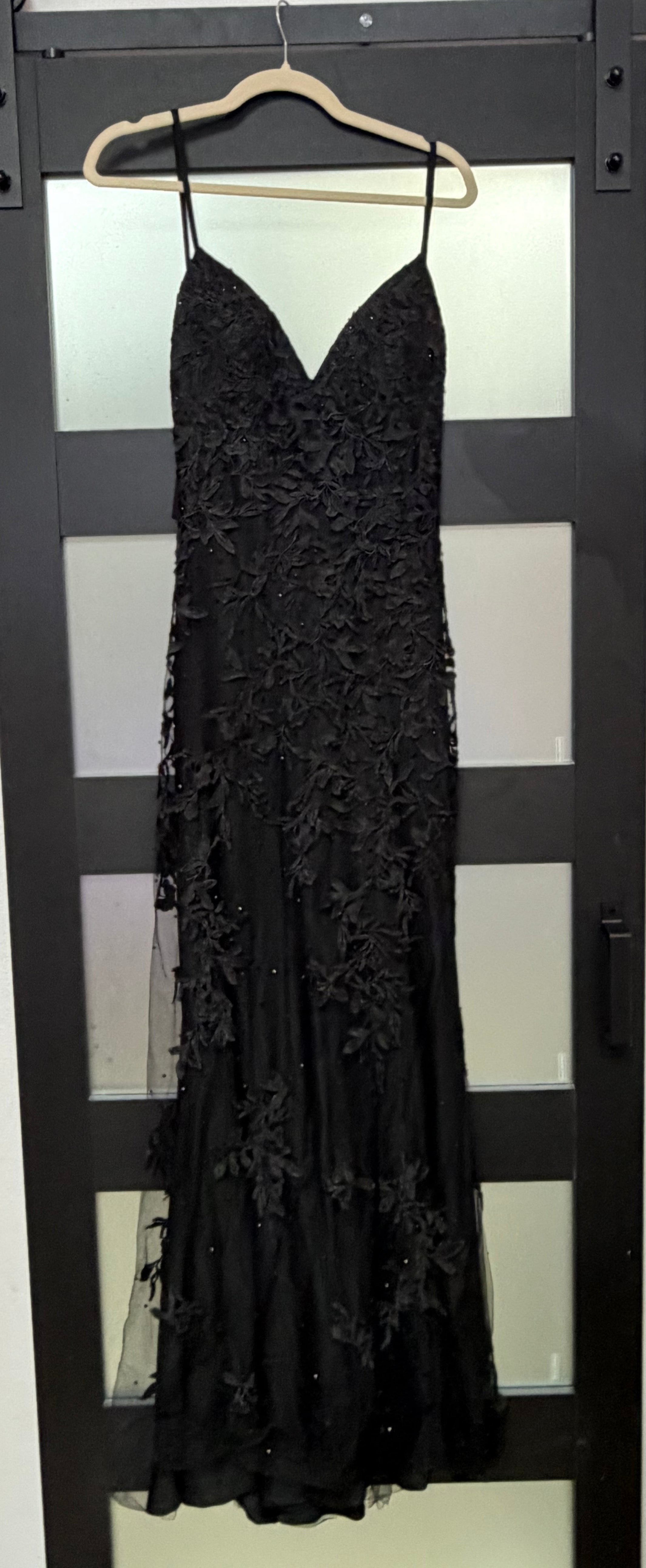 Faviana S10633 Black Floral Appliqué A-Line Evening Gown