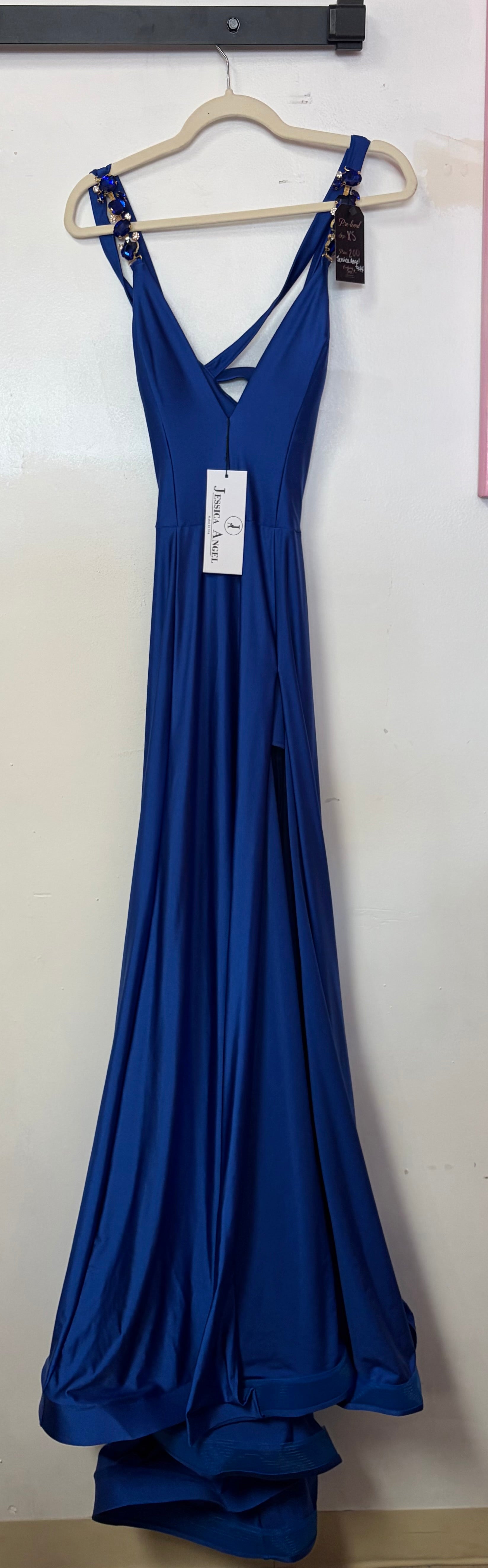 Jessica Angel 944 – Royal Blue Jersey A-Line Gown with Embellished Straps