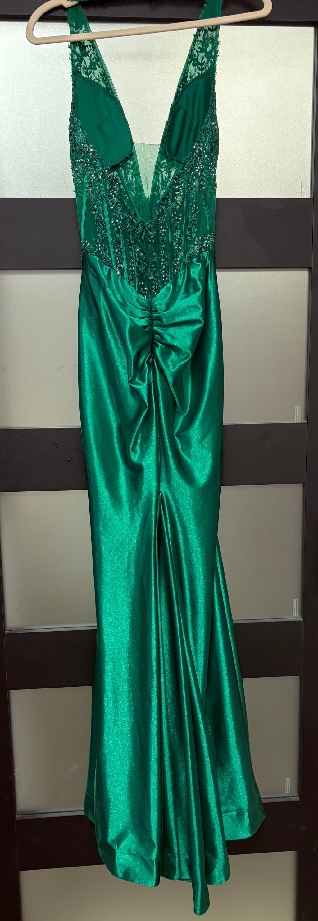 Stacees Emerald Green Beaded Satin Plunge Prom Gown