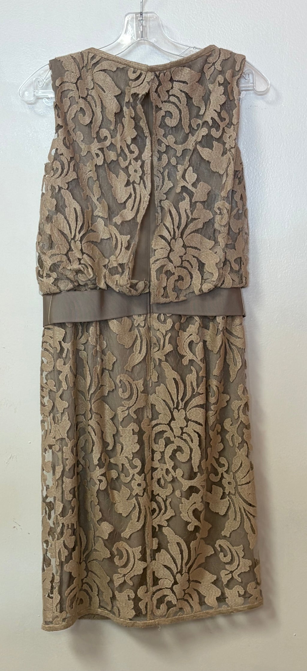 Tadashi Shoji Taupe Embroidered Lace Cocktail Dress with Satin Waist Tie