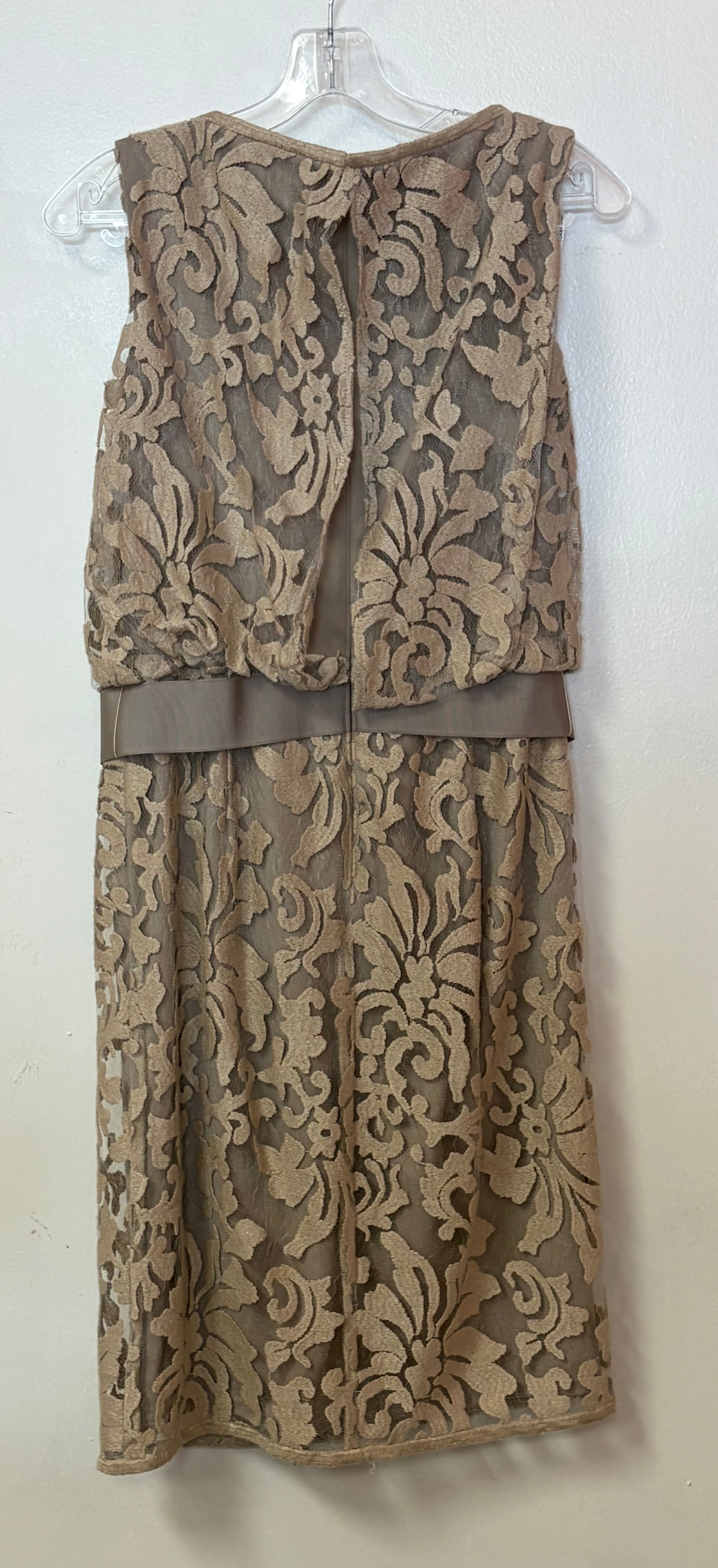 Tadashi Shoji Taupe Embroidered Lace Cocktail Dress with Satin Waist Tie