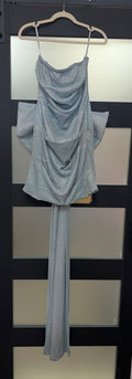 Windsor Silver Glitter Ruched Homecoming Dress with Oversized Detachable Bow
