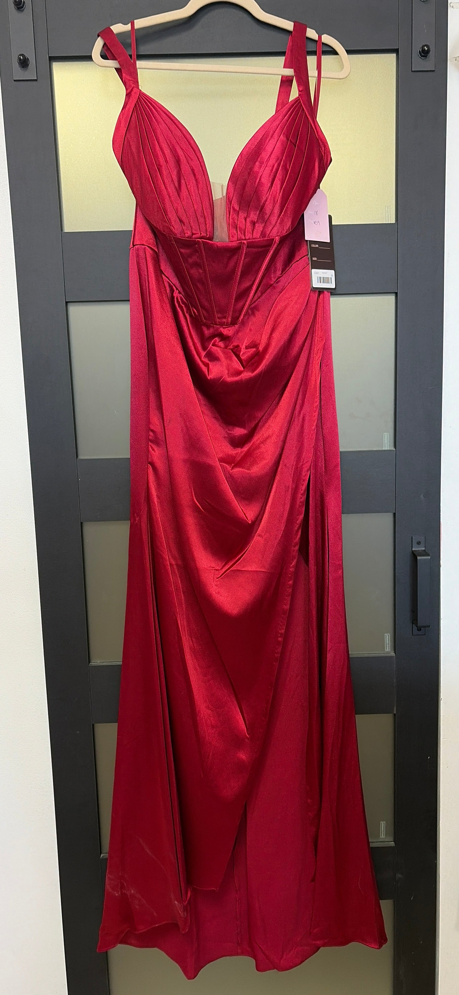 LaDivine CD231 Burgundy Satin Corset Gown with Pleated Bust and Draped Skirt
