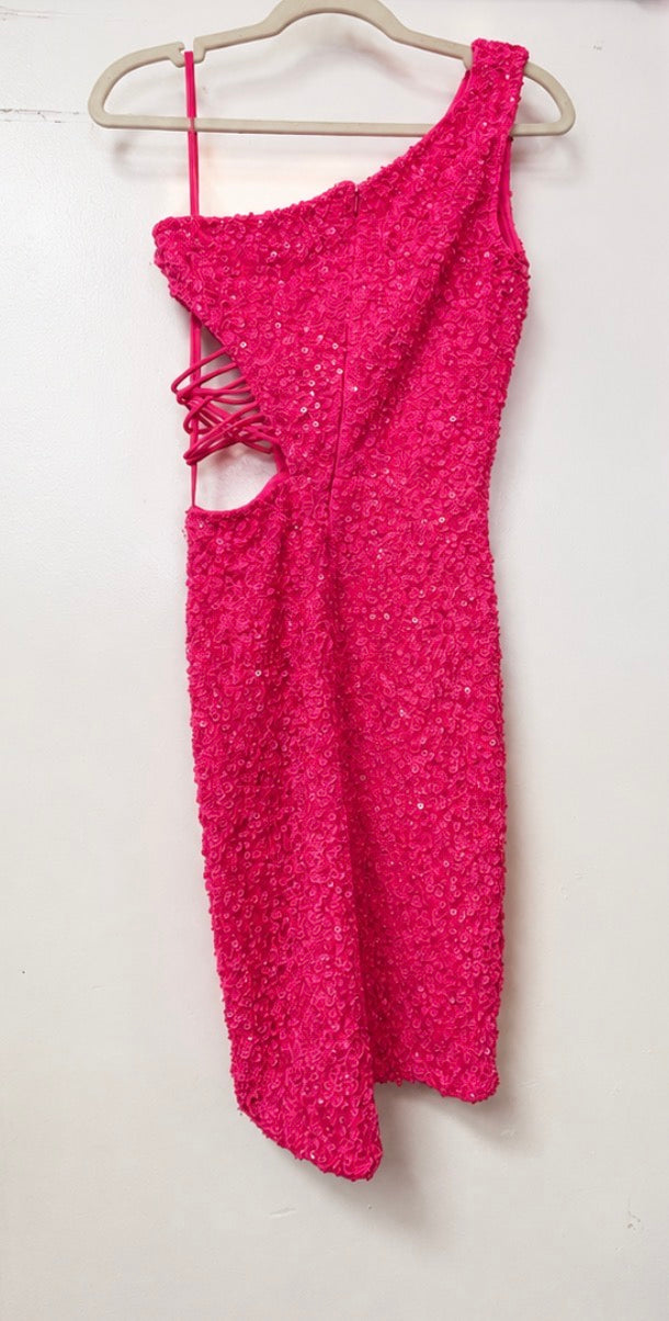 Ashley Lauren 4650 Hot Pink One-Shoulder Sequin Cocktail Dress with Side Cutout