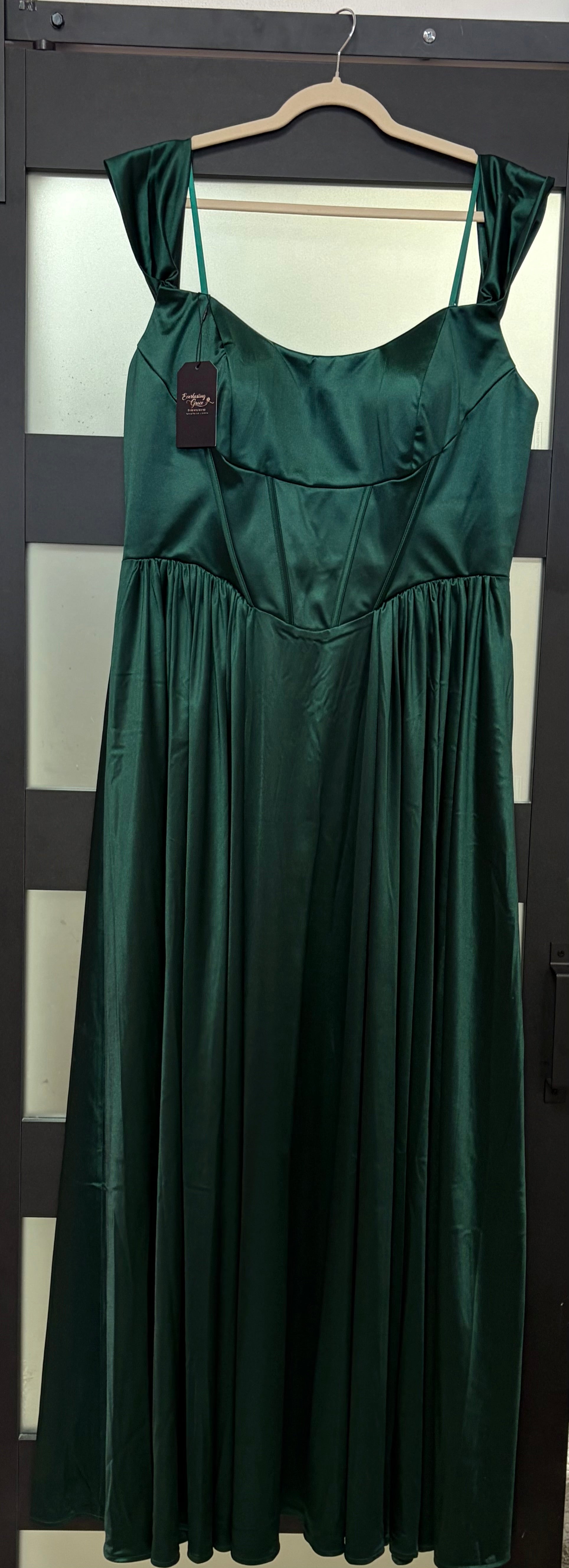 Amoris by Cinderella Divine T612 Emerald Satin Corset A-Line Formal Dress with Lace-Up Back
