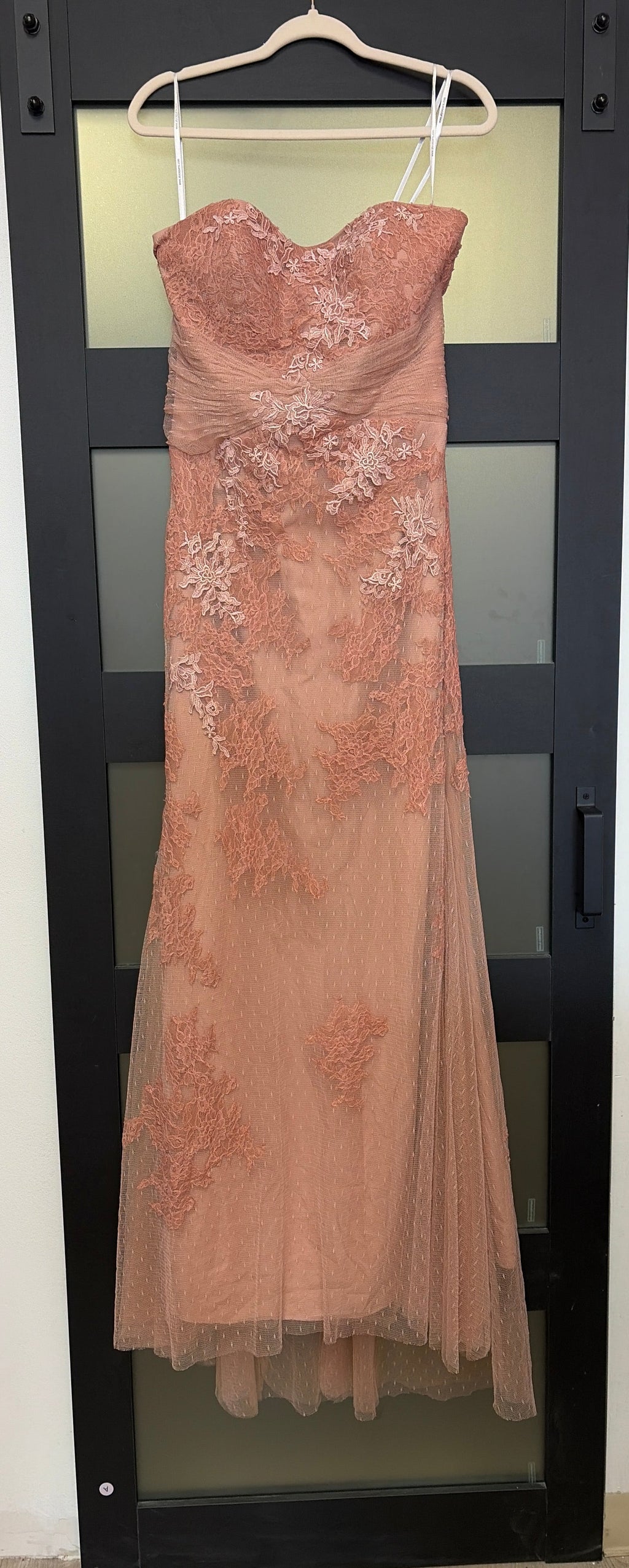 Alyce Paris strappless lace dress dusty rose