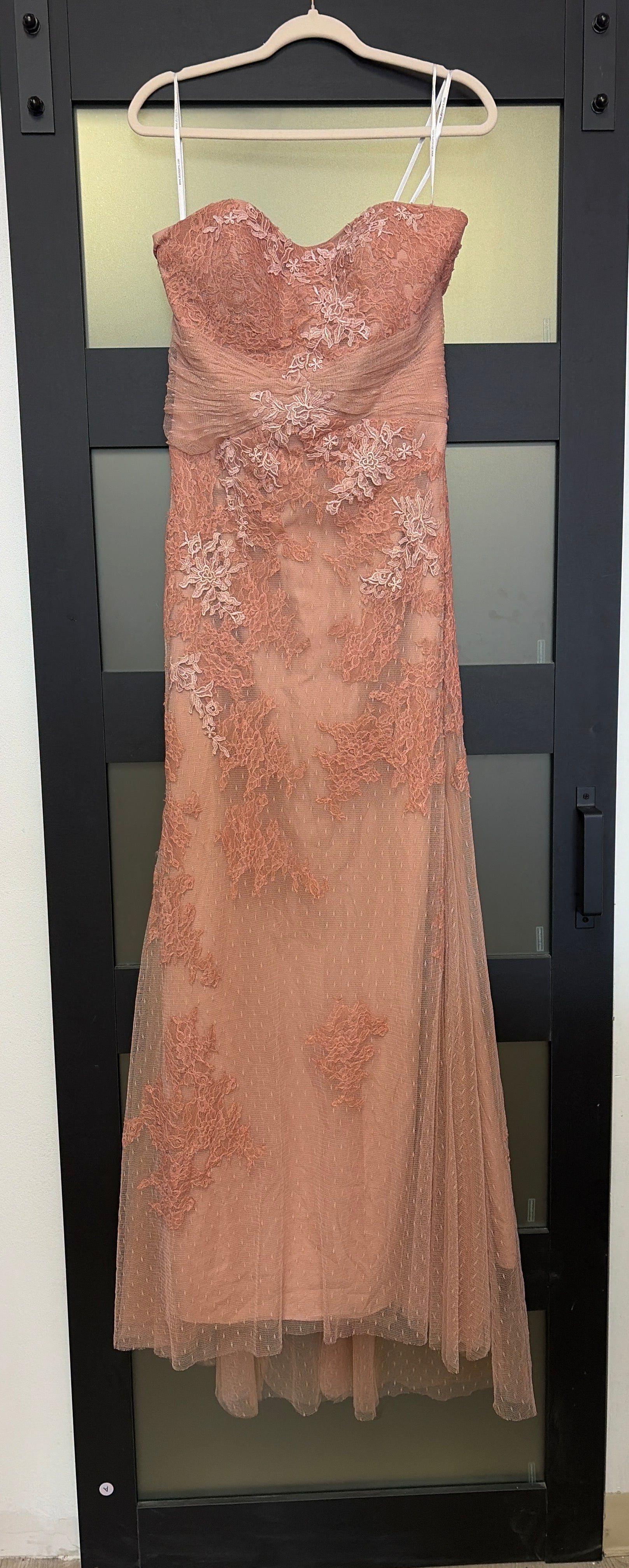 Alyce Paris strappless lace dress dusty rose