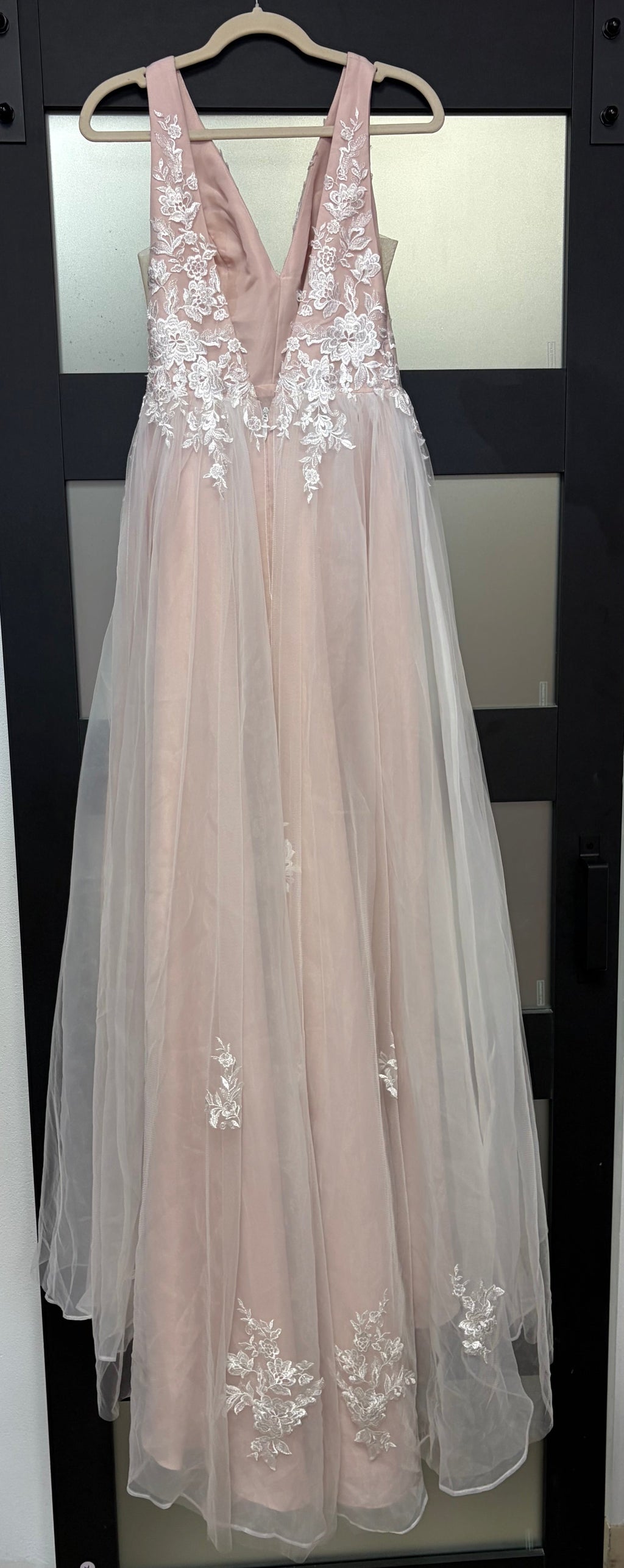 JJ’s House Blush Lace A-Line Formal Gown with Deep V Back