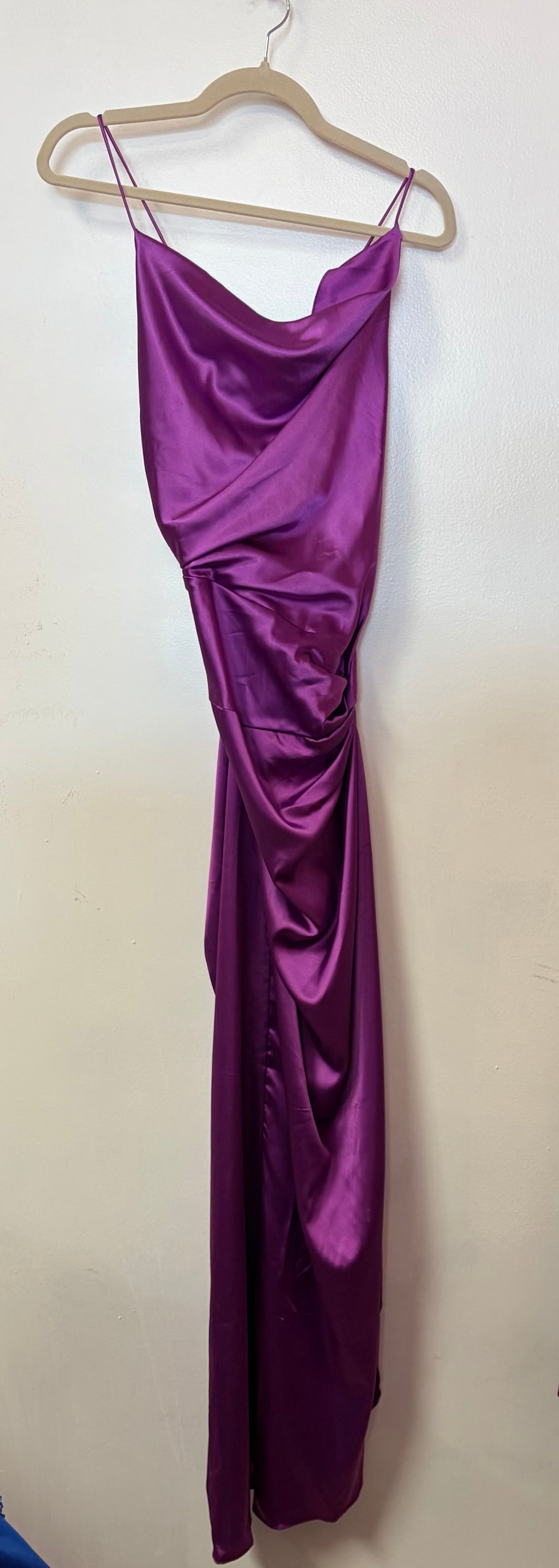LaDivine Satin Orchid Purple Cowl Neck Formal Gown with Side Ruching