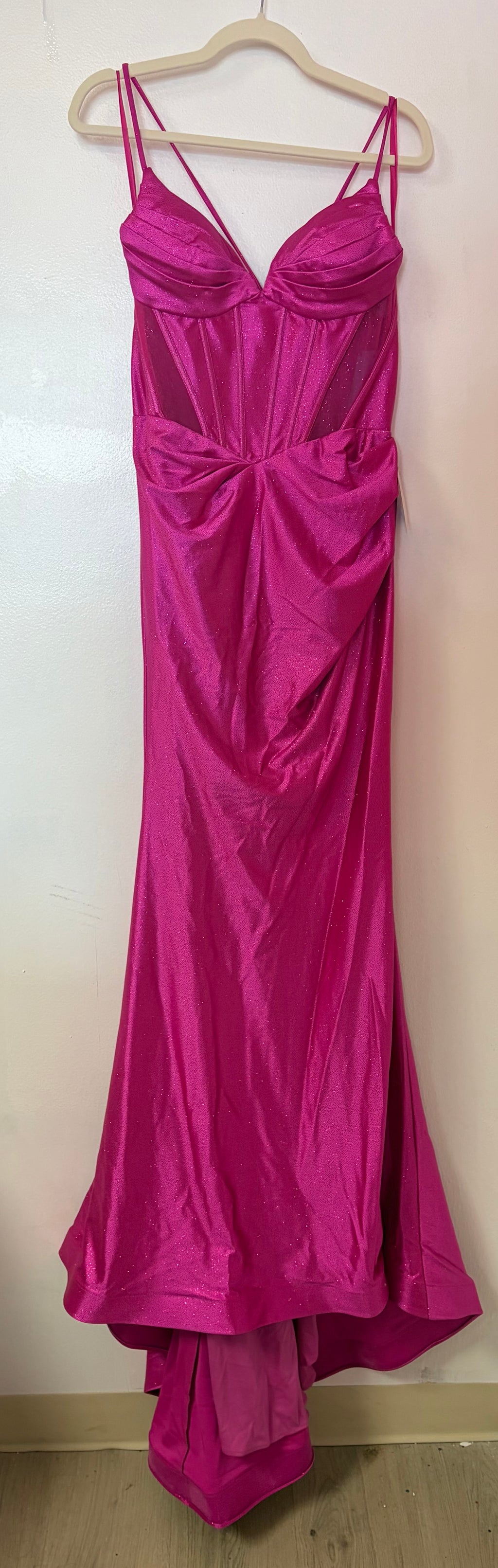 LaDivine CC2397 Hot Pink Glitter Satin Corset Prom Dress with Lace-Up Back