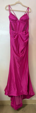 LaDivine CC2397 Hot Pink Glitter Satin Corset Prom Dress with Lace-Up Back