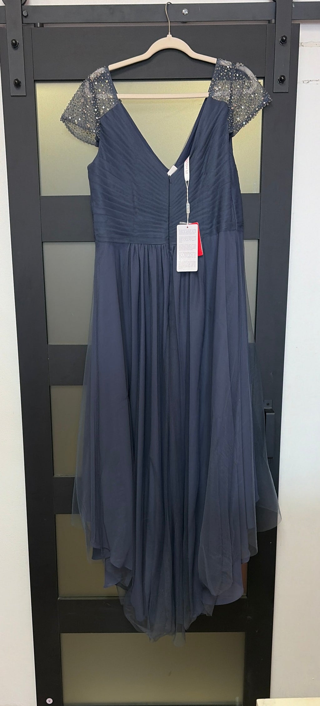 JJ's house slate gray gown with shoulder sequin detail