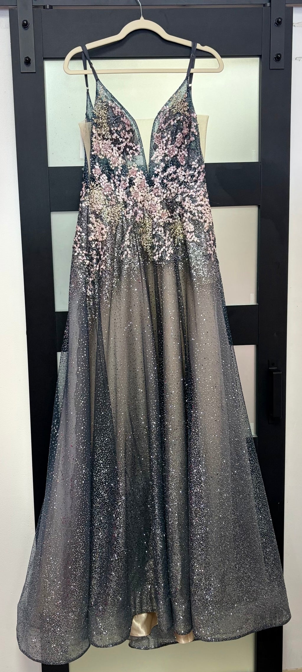 Ellie Wilde EW120043 Charcoal Glitter Floral Appliqué Ball Gown