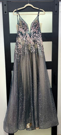 Ellie Wilde EW120043 Charcoal Glitter Floral Appliqué Ball Gown