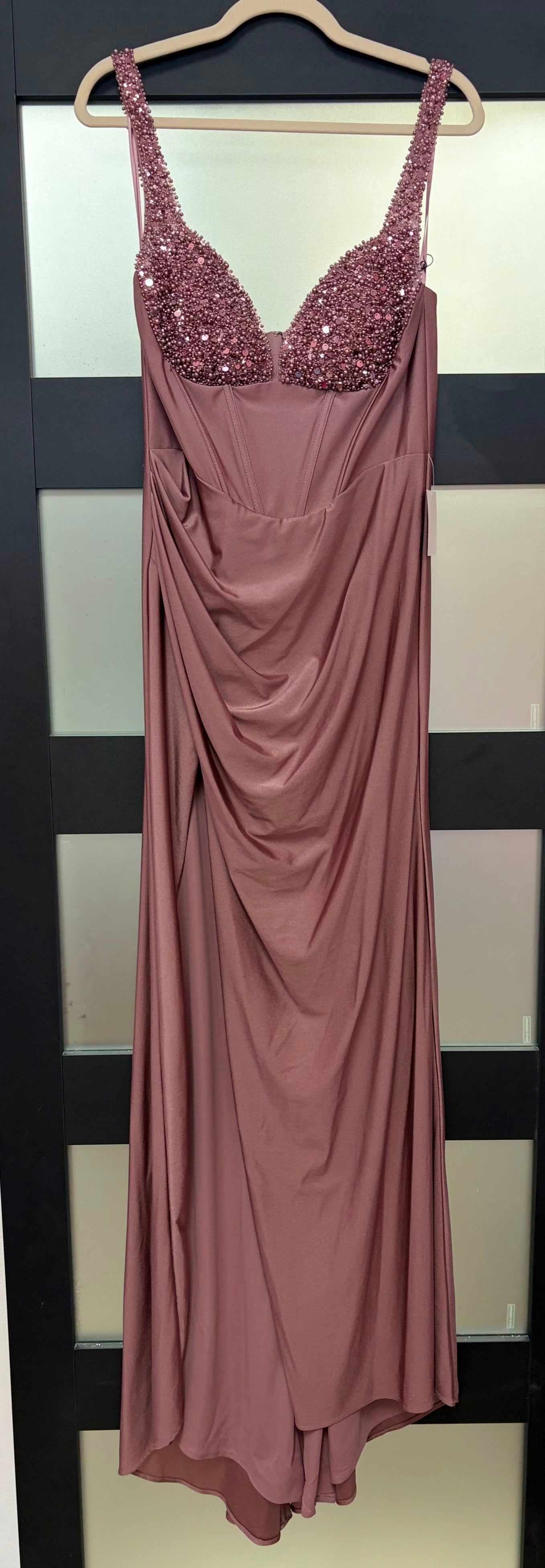 LaDivine CD0231 Mauve Satin Corset Gown with Beaded Bust